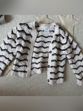 Zara kids Cream Cardigan with Black Wave Trim
